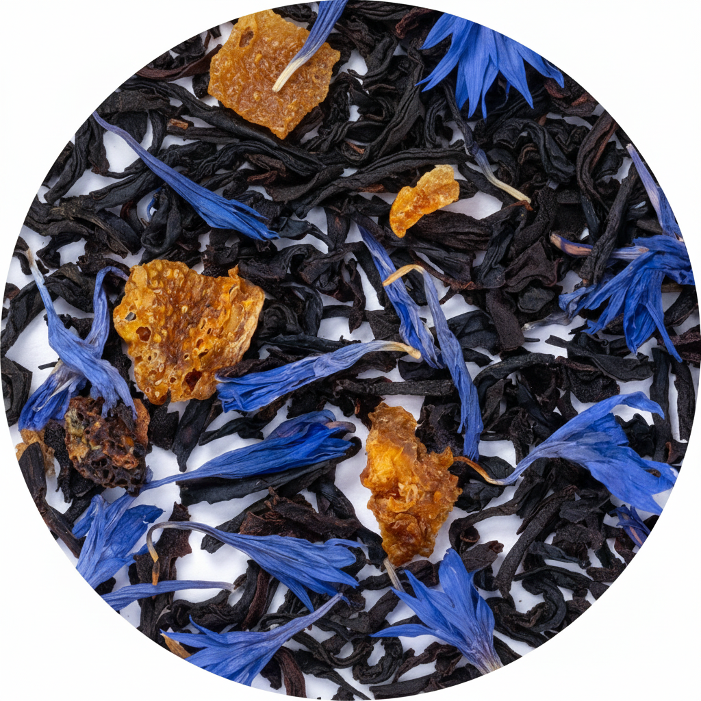 Close-up of black tea leaves with blue flowers and orange研学 on a white background