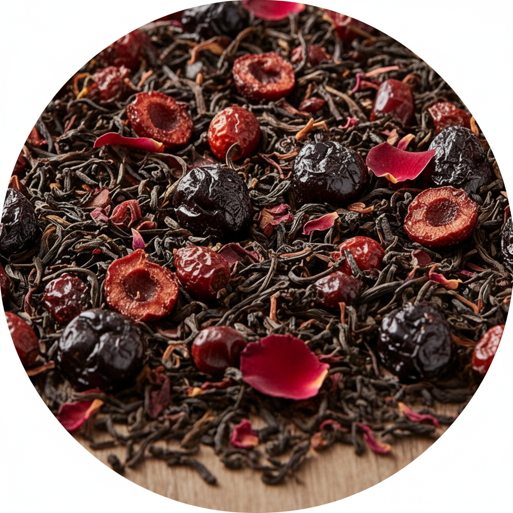 Close-up of a mix of black tea leaves with red berries and petals on a wooden surface.

