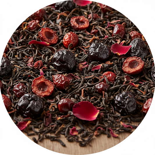 Close-up of a mix of black tea leaves with red berries and petals on a wooden surface.

